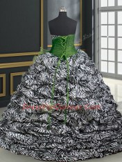 Suitable Printed With Train Ball Gowns Sleeveless Dark Green Quinceanera Gowns Brush Train Lace Up