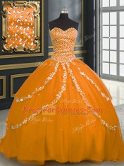 Colorful Orange Ball Gowns Beading and Appliques Sweet 16 Dresses Lace Up Tulle Sleeveless With Train