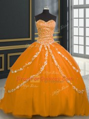 Colorful Orange Ball Gowns Beading and Appliques Sweet 16 Dresses Lace Up Tulle Sleeveless With Train