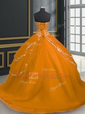 Colorful Orange Ball Gowns Beading and Appliques Sweet 16 Dresses Lace Up Tulle Sleeveless With Train