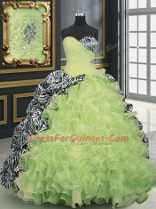 Decent Printed Sleeveless With Train Beading and Ruffles and Pattern Lace Up Ball Gown Prom Dress with Yellow Green Brush Train