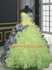 Decent Printed Sleeveless With Train Beading and Ruffles and Pattern Lace Up Ball Gown Prom Dress with Yellow Green Brush Train