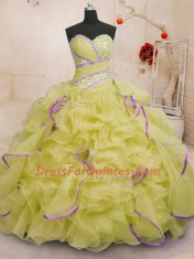 On Sale Yellow Organza Lace Up Sweet 16 Quinceanera Dress Sleeveless With Brush Train Beading and Ruffles