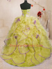 On Sale Yellow Organza Lace Up Sweet 16 Quinceanera Dress Sleeveless With Brush Train Beading and Ruffles