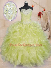 Floor Length Lace Up Quinceanera Gown Yellow Green for Military Ball and Sweet 16 and Quinceanera with Beading and Ruffles