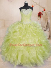 Floor Length Lace Up Quinceanera Gown Yellow Green for Military Ball and Sweet 16 and Quinceanera with Beading and Ruffles