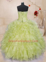 Floor Length Lace Up Quinceanera Gown Yellow Green for Military Ball and Sweet 16 and Quinceanera with Beading and Ruffles