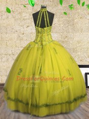 Halter Top Yellow Sleeveless Beading Floor Length Quinceanera Dresses