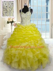 Yellow Zipper Straps Beading and Ruffles Quinceanera Dresses Organza Sleeveless