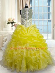 Yellow Zipper Straps Beading and Ruffles Quinceanera Dresses Organza Sleeveless