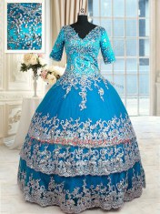 Superior Beading and Lace and Appliques and Ruffled Layers Quinceanera Dresses Teal Zipper Half Sleeves Floor Length