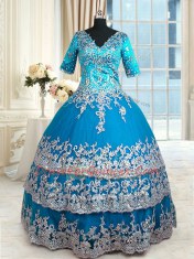 Superior Beading and Lace and Appliques and Ruffled Layers Quinceanera Dresses Teal Zipper Half Sleeves Floor Length