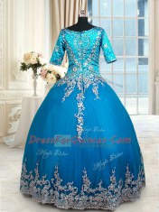 Superior Beading and Lace and Appliques and Ruffled Layers Quinceanera Dresses Teal Zipper Half Sleeves Floor Length
