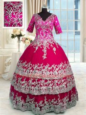 Captivating V-neck Half Sleeves Satin and Tulle Sweet 16 Dresses Beading and Appliques and Ruffled Layers Zipper