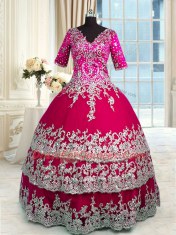 Captivating V-neck Half Sleeves Satin and Tulle Sweet 16 Dresses Beading and Appliques and Ruffled Layers Zipper