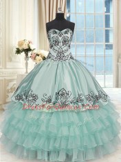 High End Sleeveless Floor Length Beading and Embroidery and Ruffled Layers Lace Up Sweet 16 Quinceanera Dress with Apple Green
