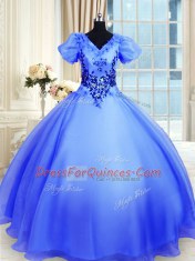 Cheap Blue Short Sleeves Floor Length Appliques Lace Up Quinceanera Dresses