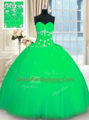 Green Ball Gowns Appliques Sweet 16 Dresses Lace Up Tulle Sleeveless Floor Length