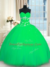 Green Ball Gowns Appliques Sweet 16 Dresses Lace Up Tulle Sleeveless Floor Length