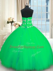 Green Ball Gowns Appliques Sweet 16 Dresses Lace Up Tulle Sleeveless Floor Length