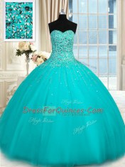 Nice Floor Length Lace Up 15th Birthday Dress Aqua Blue for Military Ball and Sweet 16 and Quinceanera with Beading