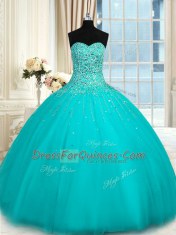 Nice Floor Length Lace Up 15th Birthday Dress Aqua Blue for Military Ball and Sweet 16 and Quinceanera with Beading