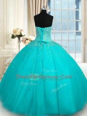 Nice Floor Length Lace Up 15th Birthday Dress Aqua Blue for Military Ball and Sweet 16 and Quinceanera with Beading