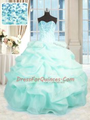 Super Sleeveless Organza Floor Length Lace Up Vestidos de Quinceanera in Aqua Blue with Beading and Ruffles