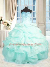 Super Sleeveless Organza Floor Length Lace Up Vestidos de Quinceanera in Aqua Blue with Beading and Ruffles