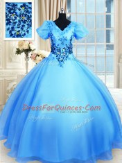 Ideal Floor Length Baby Blue Sweet 16 Dresses V-neck Short Sleeves Lace Up