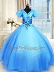 Ideal Floor Length Baby Blue Sweet 16 Dresses V-neck Short Sleeves Lace Up