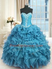 Baby Blue Sleeveless Organza Lace Up Quinceanera Dresses for Military Ball and Sweet 16 and Quinceanera