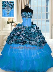 Amazing Baby Blue Lace Up Sweetheart Beading and Ruffled Layers 15 Quinceanera Dress Organza and Printed Sleeveless Sweep Train