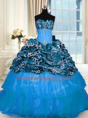 Amazing Baby Blue Lace Up Sweetheart Beading and Ruffled Layers 15 Quinceanera Dress Organza and Printed Sleeveless Sweep Train