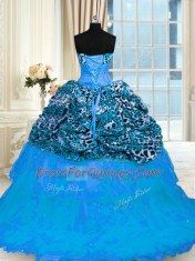 Amazing Baby Blue Lace Up Sweetheart Beading and Ruffled Layers 15 Quinceanera Dress Organza and Printed Sleeveless Sweep Train