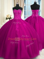 Modern Fuchsia Ball Gowns Sweetheart Sleeveless Tulle Floor Length Lace Up Appliques and Embroidery Sweet 16 Quinceanera Dress