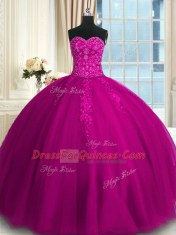 Modern Fuchsia Ball Gowns Sweetheart Sleeveless Tulle Floor Length Lace Up Appliques and Embroidery Sweet 16 Quinceanera Dress