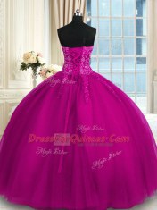 Modern Fuchsia Ball Gowns Sweetheart Sleeveless Tulle Floor Length Lace Up Appliques and Embroidery Sweet 16 Quinceanera Dress