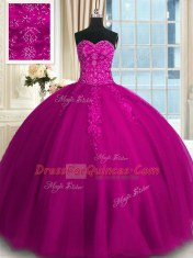 Modern Fuchsia Ball Gowns Sweetheart Sleeveless Tulle Floor Length Lace Up Appliques and Embroidery Sweet 16 Quinceanera Dress