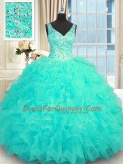 Aqua Blue Ball Gowns V-neck Sleeveless Organza Floor Length Zipper Beading and Ruffles Quinceanera Gown