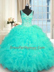 Aqua Blue Ball Gowns V-neck Sleeveless Organza Floor Length Zipper Beading and Ruffles Quinceanera Gown