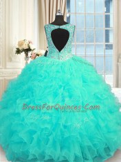 Aqua Blue Ball Gowns V-neck Sleeveless Organza Floor Length Zipper Beading and Ruffles Quinceanera Gown