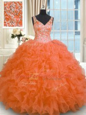 Organza V-neck Sleeveless Zipper Beading and Ruffles Quinceanera Dress in Orange Red