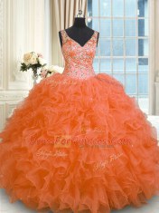 Organza V-neck Sleeveless Zipper Beading and Ruffles Quinceanera Dress in Orange Red