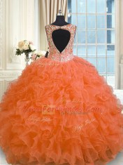 Organza V-neck Sleeveless Zipper Beading and Ruffles Quinceanera Dress in Orange Red