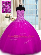 On Sale Beading Sweet 16 Quinceanera Dress Fuchsia Lace Up Sleeveless Floor Length