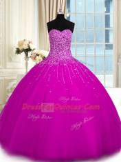 On Sale Beading Sweet 16 Quinceanera Dress Fuchsia Lace Up Sleeveless Floor Length
