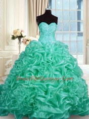 Exquisite Pick Ups With Train Ball Gowns Sleeveless Turquoise Quinceanera Gowns Lace Up