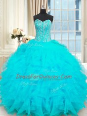 Top Selling Strapless Sleeveless 15 Quinceanera Dress Floor Length Beading and Ruffles Baby Blue Organza