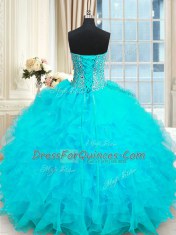 Top Selling Strapless Sleeveless 15 Quinceanera Dress Floor Length Beading and Ruffles Baby Blue Organza